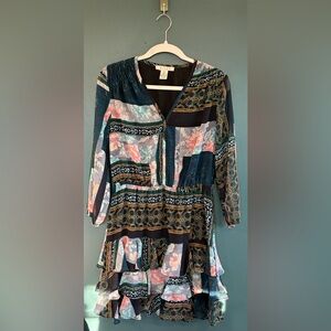 Anthropologie Hiché Mixed Floral Patchwork Print Long Sleeve Ruffle Mini Dress M